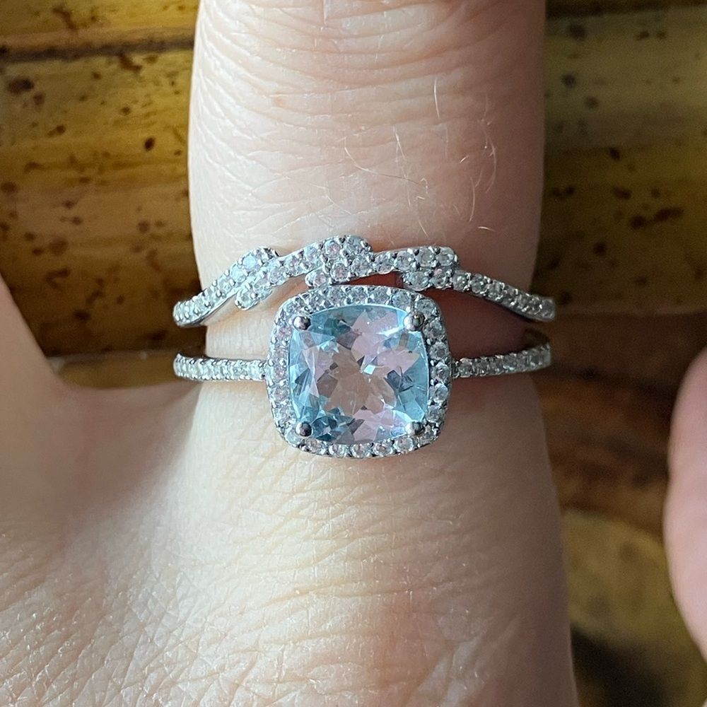 Natural Aquamarine Sterling Silver Ring Set Discounted Size 7.75
